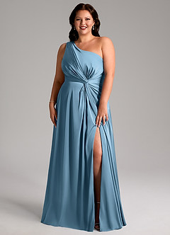 Azazie Brooke Vestidos de damas de honor Vestido de Azul Acero de Satén Elástico de Corte en A con Hombro unilateral image8