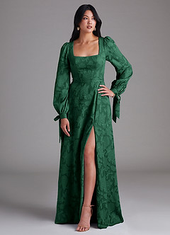 Azazie Leonia Bridesmaid Dresses Dark Green A-Line Long Sleeve Floral Burnout Dress image1