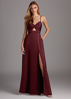 Azazie Jenna Bridesmaid Dresses Cabernet A-Line Pleated Stretch Satin Dress image2