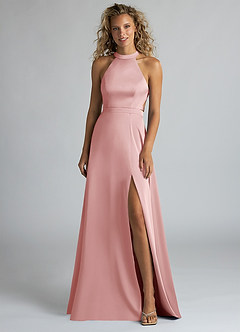 Azazie Clarice Bridesmaid Dresses Powder Pink A-Line High Neck Stretch Satin Dress image4