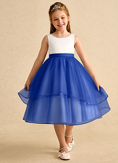 Azazie Rene Flower Girl Dresses Ivory Royal Blue A-Line Bow Tulle Dress image4
