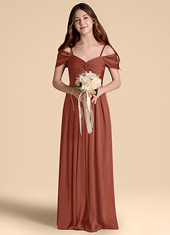 Azazie Kaitlynn Junior Abito A-Line in Raso Elasticizzato a Spalla Scoperta Auburn image4