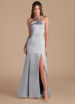 Azazie Rue Bridesmaid Dresses Silver Sheath Pleated Metallic Satin Dress image1