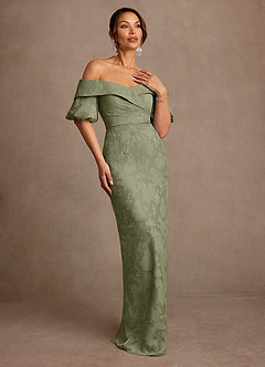 Azazie Golda Mother of the Bride Dresses Pistachio Sheath Off the Shoulder Floral Burnout Dress image3
