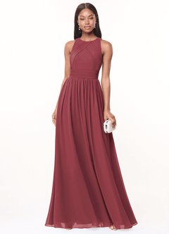 Azazie Harper Vestidos de damas de honor Vestido de Merlot de Gasa de Corte en A con Plisado image1