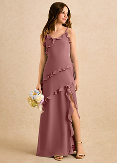 Azazie Lola Girls Formal vestidos de niña de las flores Vestido de Rosa Del Desierto de Gasa de Corte en A con Volante image3