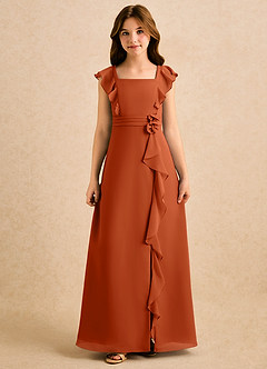 Azazie Soso Girls Formal Robe Demoiselle D'honneur Fillette Robe Trapèze en Mousseline de soie Plissée Orange Brûlée image3