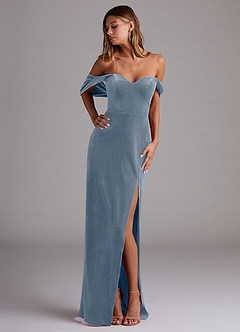 Azazie Shay Bridesmaid Dresses Dusty Blue Sheath Off the Shoulder Velvet Convertible Dress image1