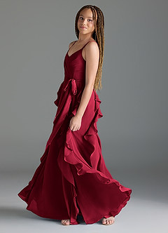 Azazie Peyton Junior Vestido de Borgoña de Gasa de Corte En A con Volantes en cascada Cuello en V image4