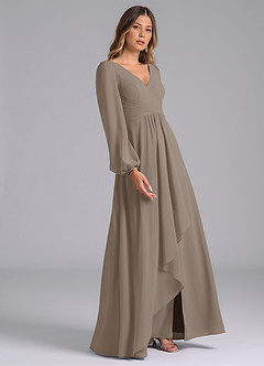 Azazie Omari Robes de demoiselle d'honneur Robe Trapèze en Mousseline de soie Manche longue Taupe image5