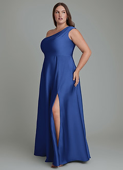 Azazie Melanie Vestidos de damas de honor Vestido Azul Real de Satén Elástico de Línea A con Hombros descubiertos image5