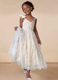 Azazie Tilly Abiti da Ragazza di Fiori Abito A-Line in Pizzo Bianco Diamante Champagne image1