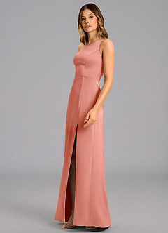 Azazie Phaedra Bridesmaid Dresses Coral A-Line One Shoulder Stretch Satin Dress image5