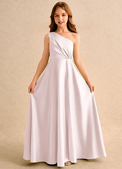 Azazie Puddles Girls Formal Robe Demoiselle D'honneur Fillette Robe Trapèze en Mat Satiné Asymétrique Rose Pâle image5
