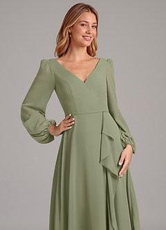 Azazie Simone Bridesmaid Dresses Pistachio A-Line Long Sleeve Chiffon Dress image7
