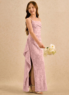 Azazie Cannoli Girls Formal Robe Demoiselle D'honneur Fillette Robe Trapèze en Blumen-Burnout Plissé Rose Poudré image4