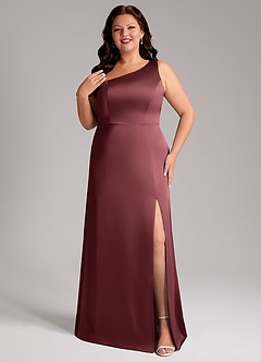 Azazie Phaedra Vestidos de damas de honor Vestido de Merlot de Satén Elástico de Corte en A con Hombro unilateral image1