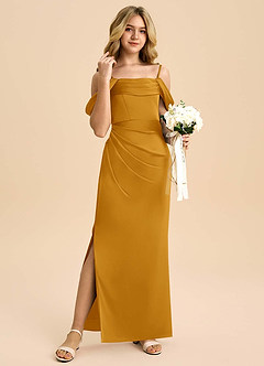 Azazie Saige Junior Robe Fourreau en Satin extensible Épaule décolletée Caramel écossais image4