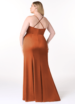 Azazie Marzia Vestidos de damas de honor Vestido de Canela de Satén Elástico de Corte Recto con Cuello V Plisado image8