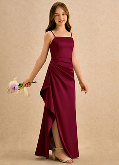 Azazie Cannoli Girls Formal Robe Demoiselle D'honneur Fillette Robe Trapèze en Satin extensible Plissée Bourgogne image1