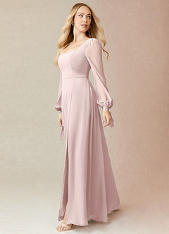 Azazie Leonia Bridesmaid Dresses Blushing Pink A-Line Long Sleeve Chiffon Dress image4