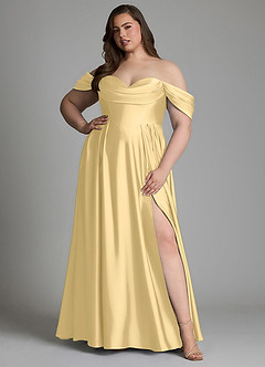 Azazie Loisa Robes de demoiselle d'honneur Robe Trapèze en Satin extensible Épaules dénudées Beurre image12