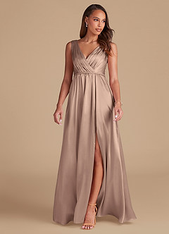 Azazie Tanicia Bridesmaid Dresses Taupe A-Line Pleated Metallic Satin Dress image3