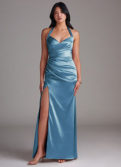 Azazie Emeria Bridesmaid Dresses Steel Blue Sheath Side Slit Metallic Satin Dress image5