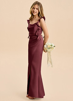 Azazie Jessamine Junior Merlot Sheath Ruched Stretch Satin Dress image7