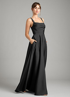 Azazie Shaude Bridesmaid Dresses Black A-Line Pleated Stretch Satin Dress image6