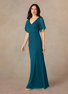 Azazie Selah Mother of the Bride Dresses Ink Blue A-Line V-Neck ruched Mesh Dress image2