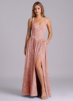 Azazie Francis At-home Try On Dresses Dark Navy A-Line Corset Floral Burnout Dress image1