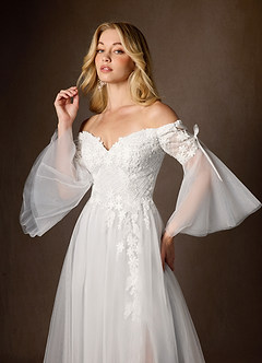 Azazie Stevie Final Sale Diamond White Nude A-Line Off the Shoulder Tulle Dress image7