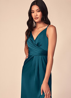 Azazie Aqua Bridesmaid Dresses Ink Blue A-Line V-Neck Pleated Stretch Satin Dress image7