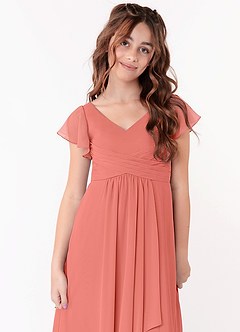 Azazie Omari Junior Salmon Pink A-Line Ruched Chiffon Dress image4