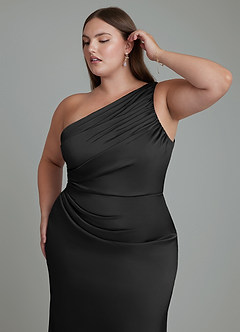 Azazie Akilah Bridesmaid Dresses Black Mermaid One Shoulder Stretch Satin Dress image13