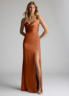 Azazie Elida Bridesmaid Dresses Copper Sheath Pleated Stretch Satin Dress image1