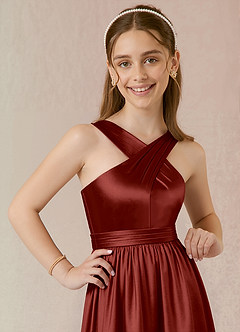 Azazie Jiya Junior A-Line Plisseret Metallisk satin Gulv-længde Junior brudepige Kjole image3