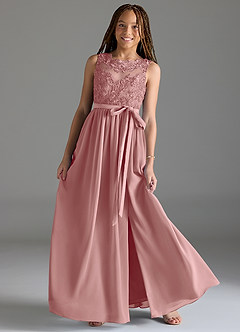 Azazie Elly Junior Abito A-Line in Chiffon Pizzo Rosa Polverosa image1