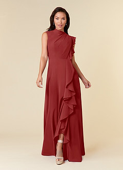 Azazie Narine Mère de la mariée Robes Robe Trapèze en Mousseline de soie Encolure haute plissée Rouille image3