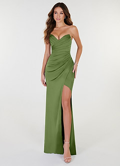Azazie Yola Robes de demoiselle d'honneur Robe Fourreau Convertible en Satin extensible Plissee mit V-Ausschnitt Genévrier image1