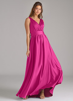 Azazie Kora Bridesmaid Dresses Fuchsia A-Line Pleated Stretch Satin Dress image4