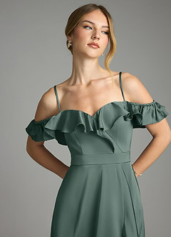 Azazie Lyra Bridesmaid Dresses Sea Moss A-Line Off the Shoulder Stretch Satin Convertible Dress image11
