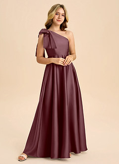 Azazie Penguin Junior Sangria A-Line Bow Stretch Satin Dress image4