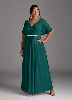 Azazie Tricia Mother of the Bride Dresses Peacock A-Line V-Neck Pleated Chiffon Dress image10