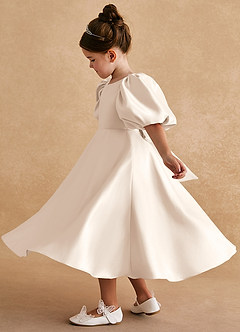 Azazie Sugarplum Flower Girl Dresses White Alabaster A-Line with Sleeves Matte Satin Dress image1