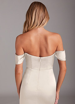Azazie Saige Bridesmaid Dresses White Alabaster Sheath Off the Shoulder Stretch Satin Dress image9
