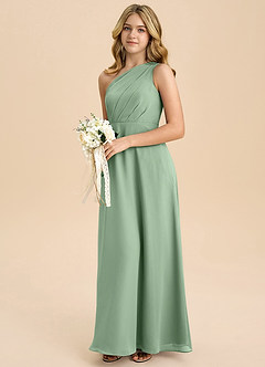 Azazie Phaedra Junior Abito A-Line in Chiffon Plissettato Matcha image5