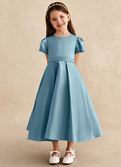 Azazie Princess Robe Demoiselle D'honneur Fillette Robe Trapèze en Mat Satiné Plissée Bleu Maussade image6