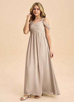 Azazie Lianne Junior Taupe A-Line Off the Shoulder Chiffon Dress image6